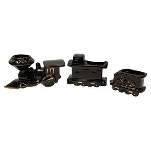 Ceramic Train Planter Black Gold Three Pieces Engine and Two Cars